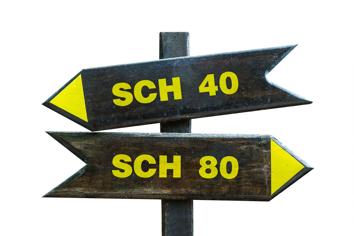 Two road signs that say SCH40 and SCH80 and point to the left and right