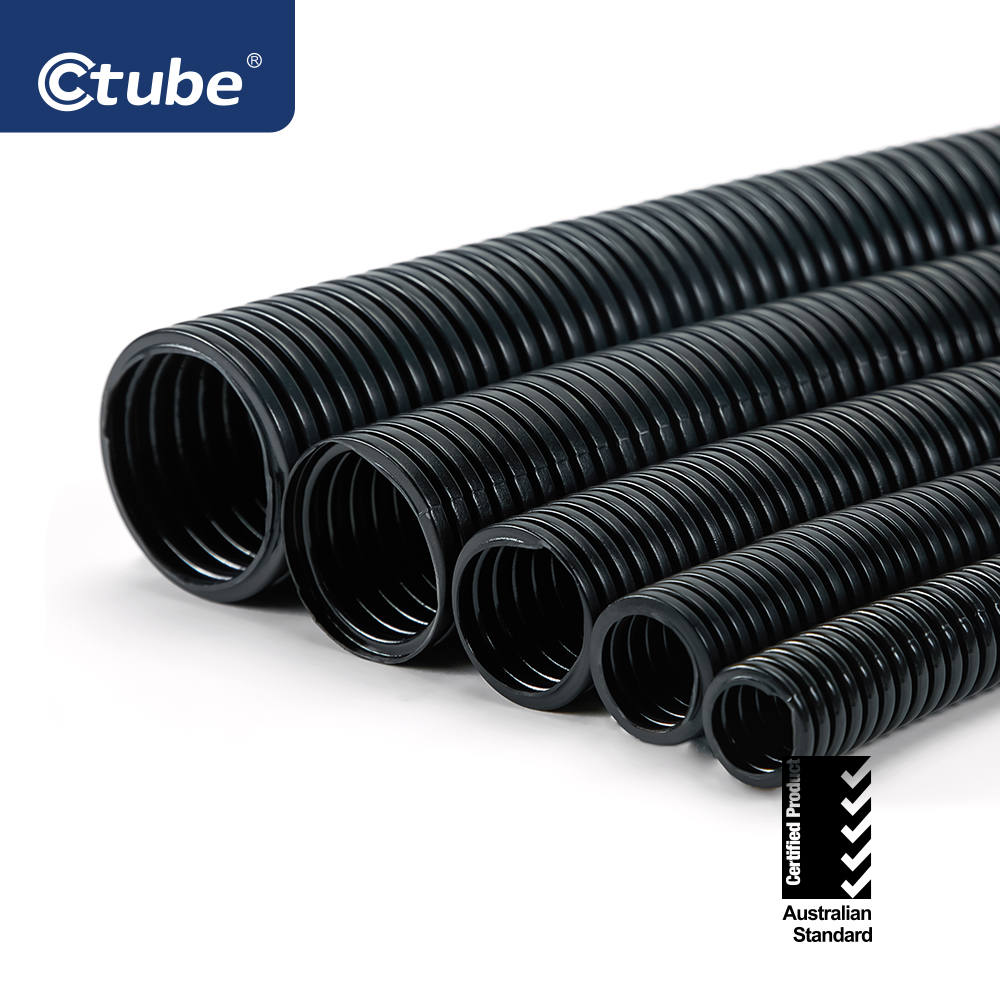 Ctube Corrugated Flexible Conduit Electrical PVC Wiring Pipe for Cable Underground ENT Piping - Black