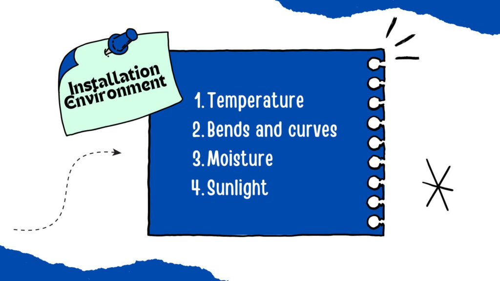Installation Environment Temperature, Bends, Moisture, and Sunlight Exposure